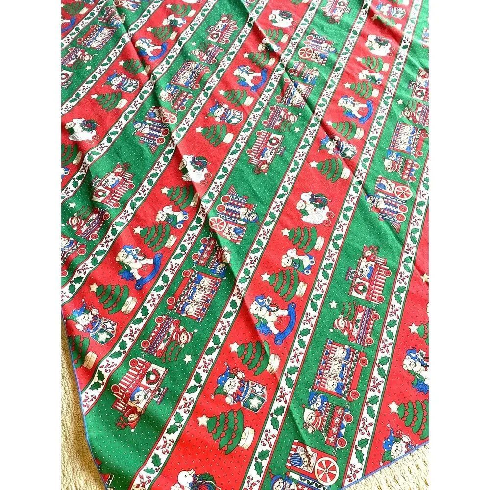 Vintage Christmas Tablecloth Red Green Bears Train